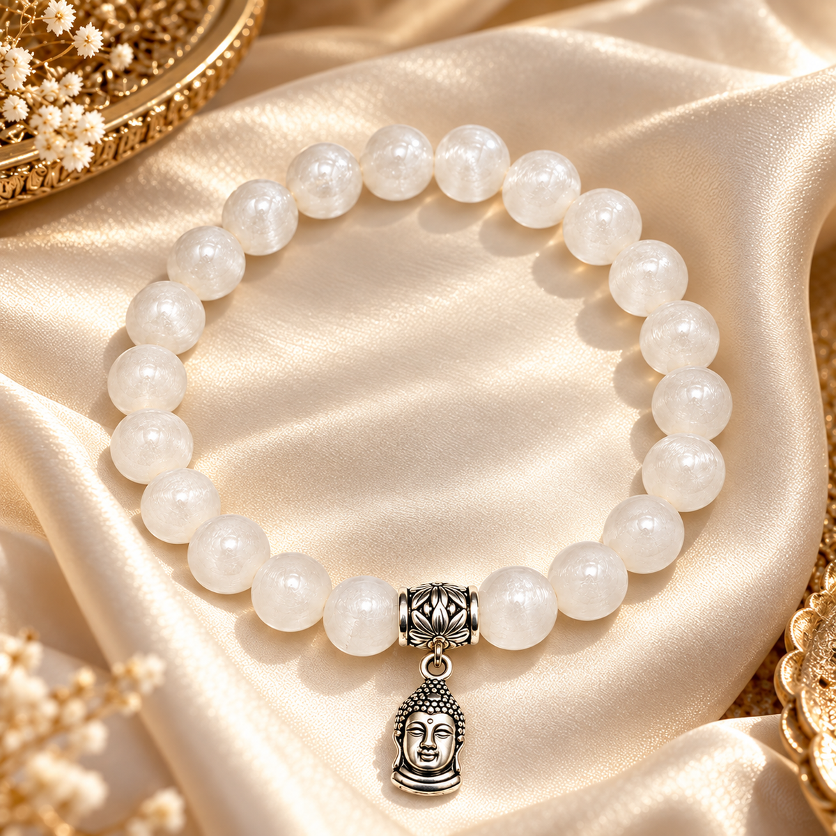 Moonstone Buddha bracelet on champagne satin with dried flowers