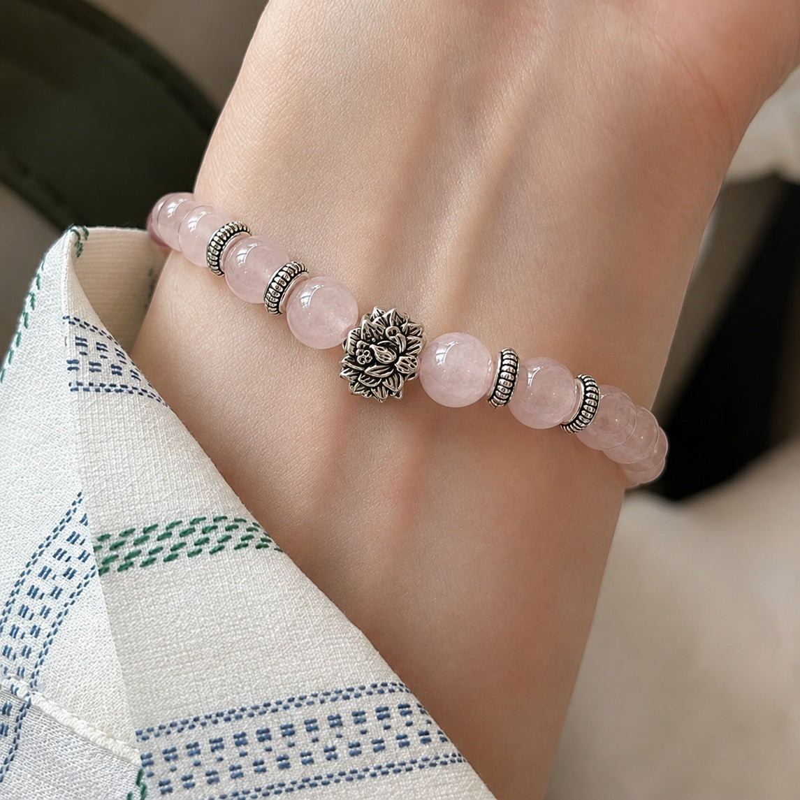 Rose Quartz Love & Harmony Bracelet worn on the wrist