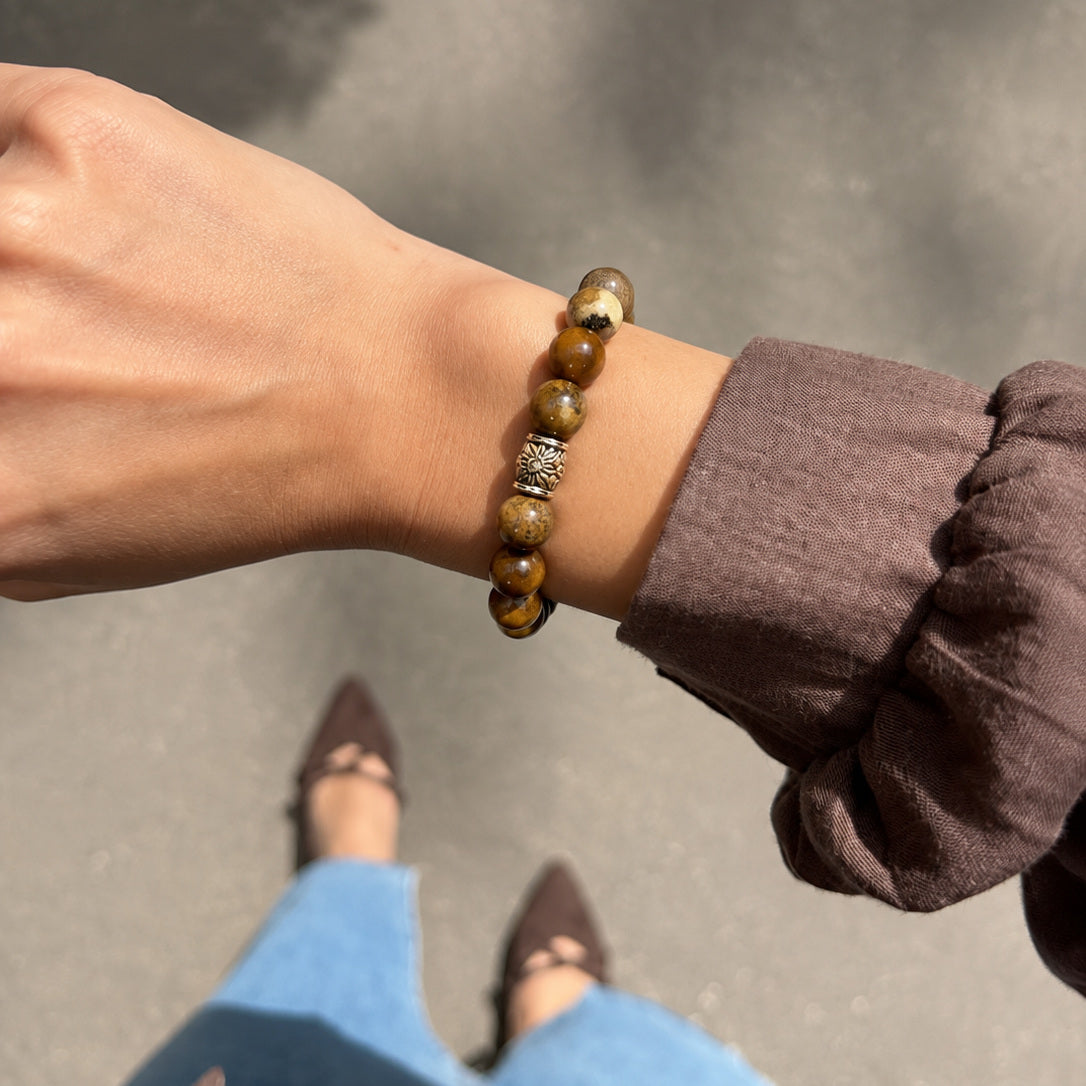 Picture Jasper Grounding Bracelet worn on the wrist