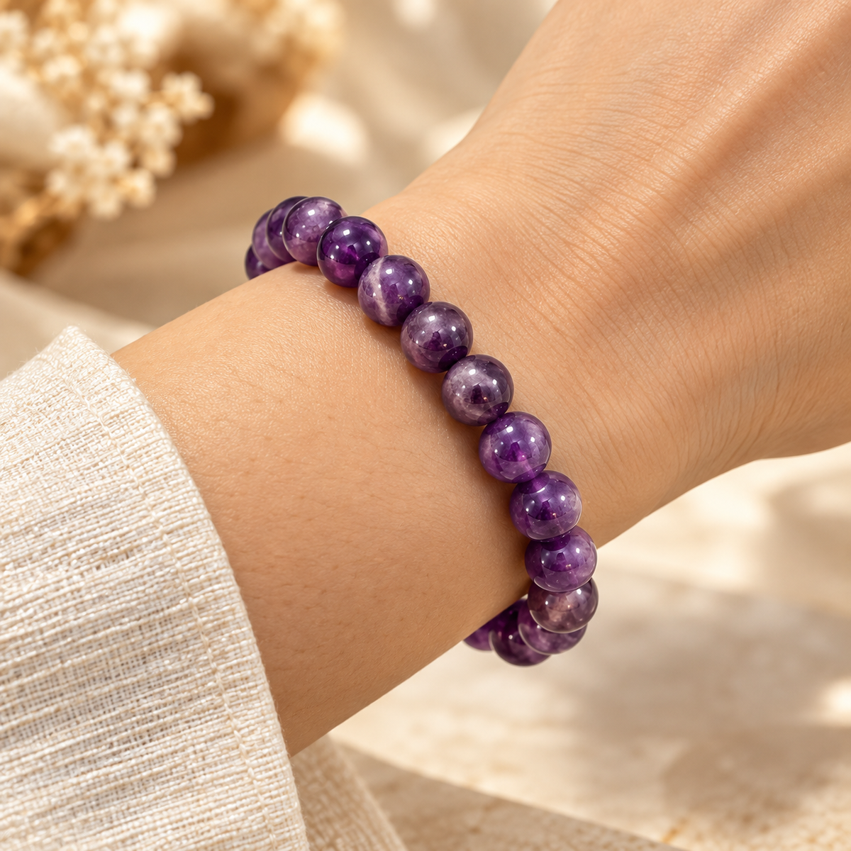 Amethyst Calm & Clarity Bracelet worn on the wrist