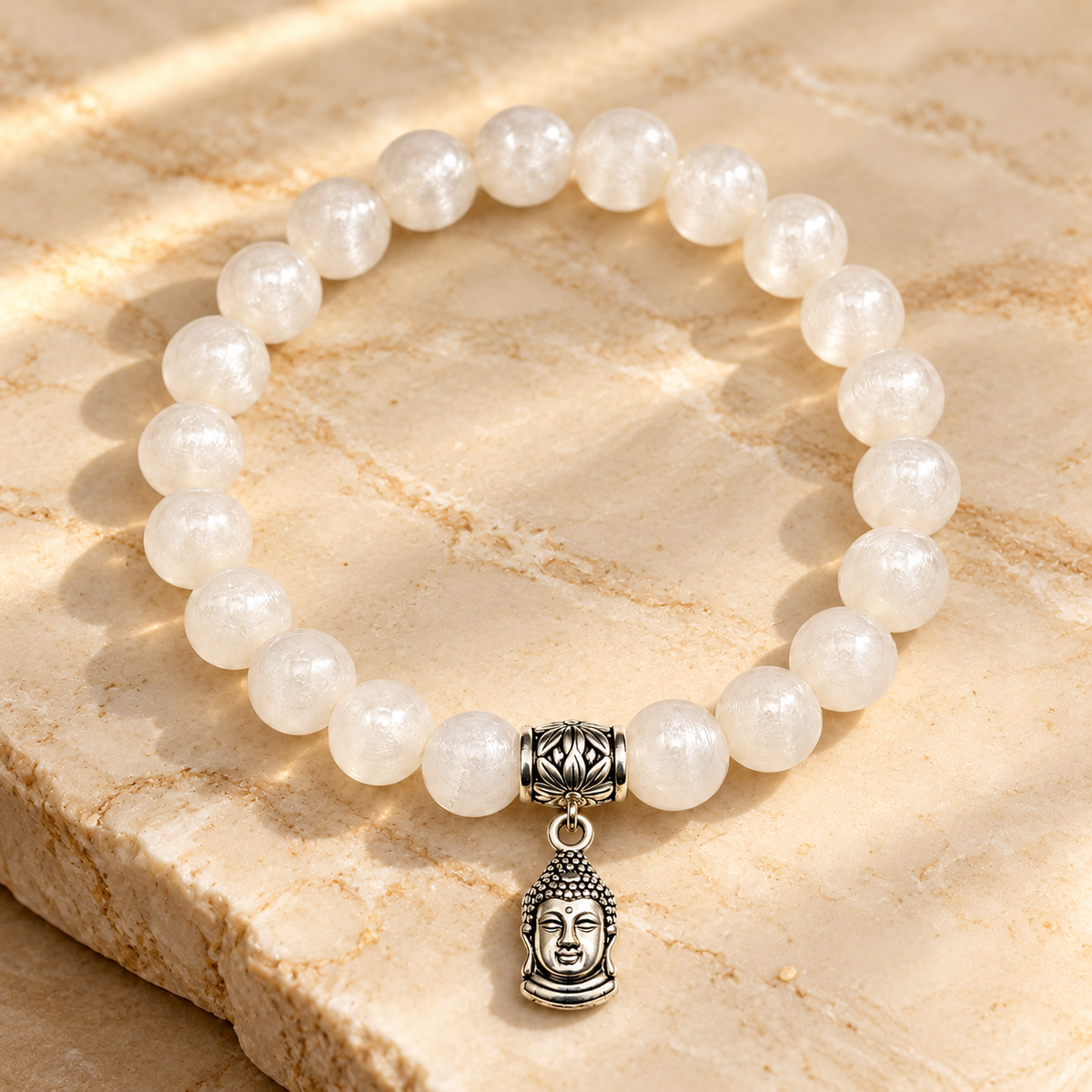 Moonstone bead bracelet with Buddha charm on a sunlit marble surface