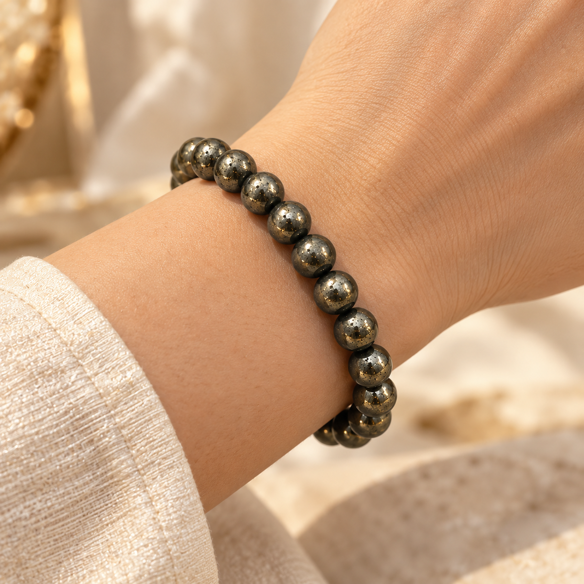 Pyrite Prosperity & Protection Bracelet worn on the wrist