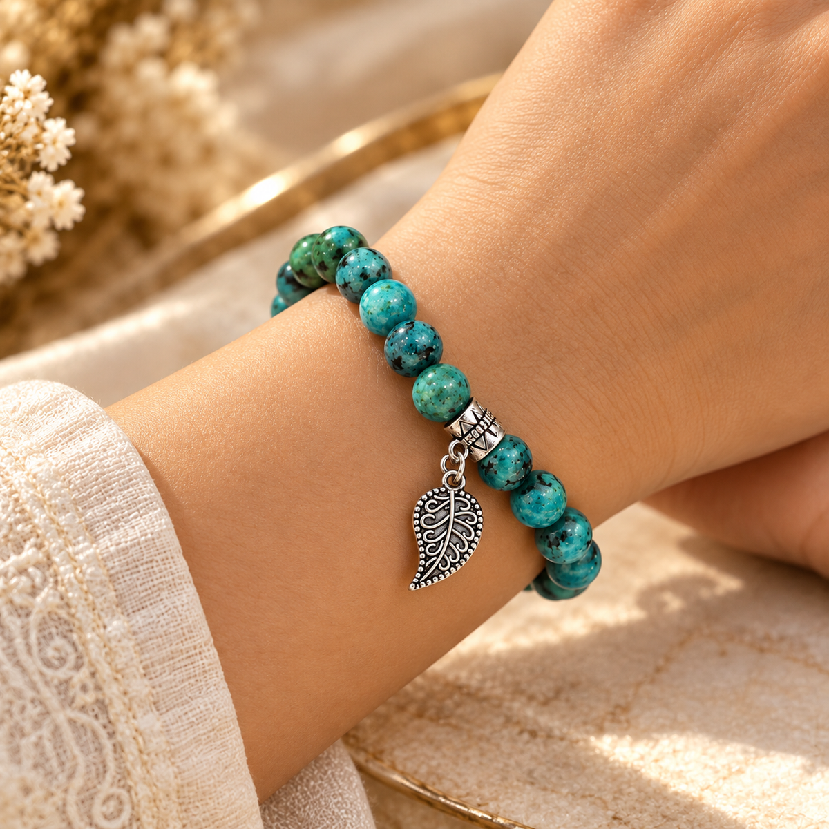 Turquoise Protection & Calm Bracelet worn on the wrist